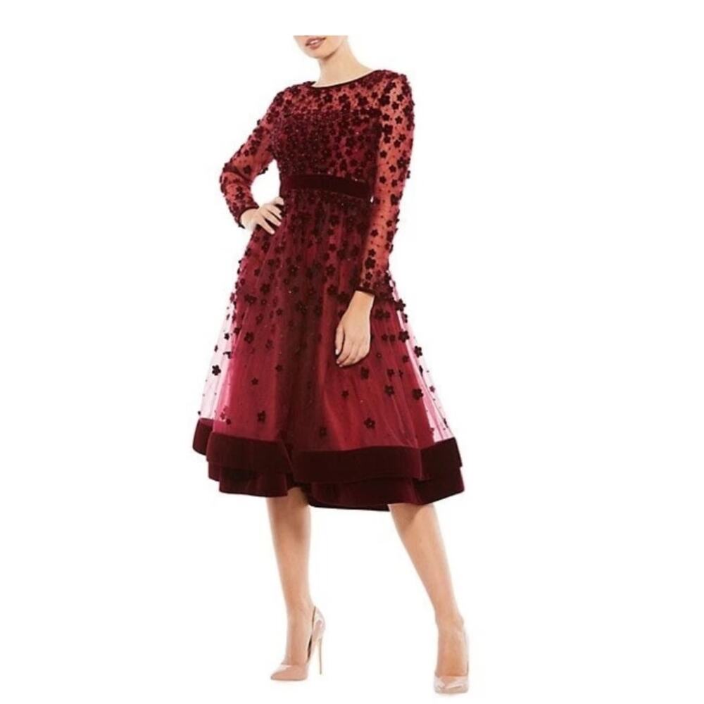 Mac Duggal Illusion Floral Applique Long Sleeve Red Holiday Tea Midi Dress 14